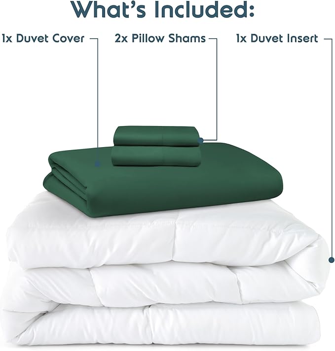 Nestl King Duvet Cover Set with Comforter Insert - Dark Green 4 Piece 104x90 Duvet Cover & 2 Pillow Shams with White Quilted Down Alternative Comforter, Ultra Soft, All Season