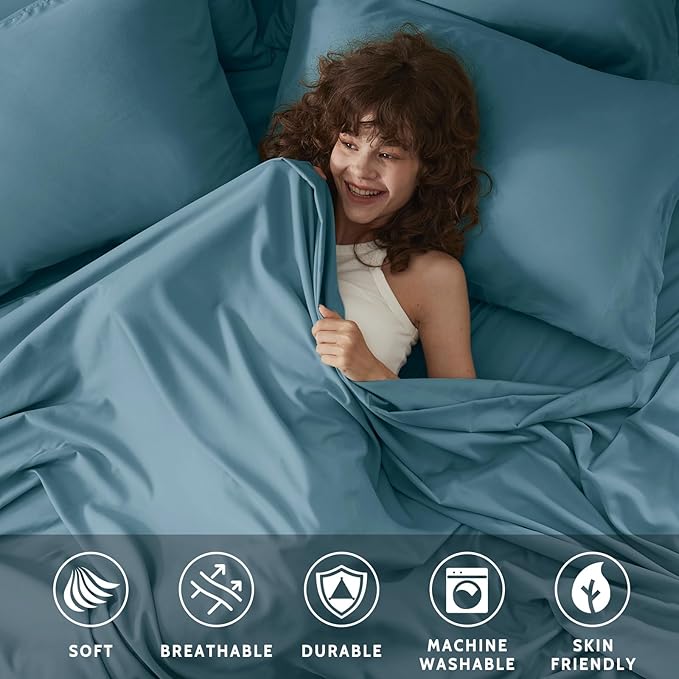 Full Size Bed Sheets - 6 Piece Soft Microfiber and Wrinkle Free Sheets - Easy Care, Extra Soft, Cooling Sheets - 1 Deep Pocket Fitted Sheet 1 Flat Sheet and 4 Pillowcases (Full Denim Blue)