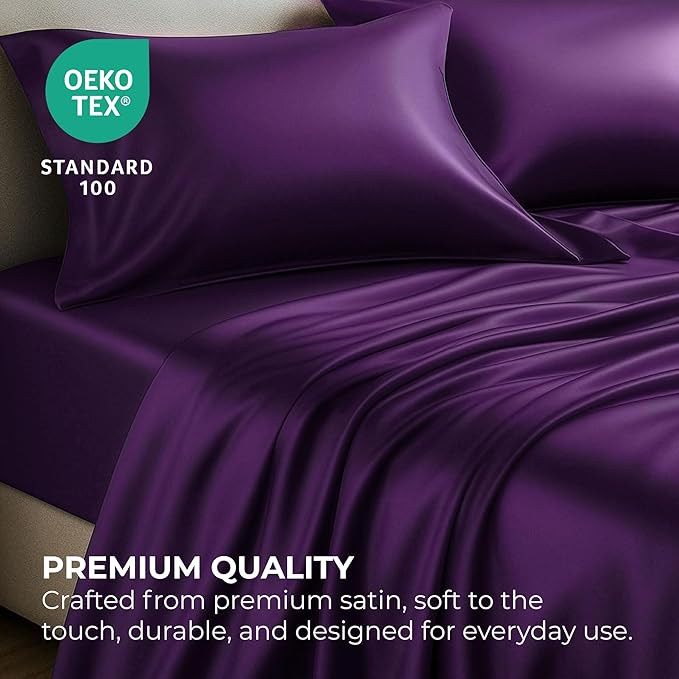 Pure Bedding Satin Sheets Full [4-Piece, Purple] Hotel Luxury Silky Bed Sheets - Extra Soft 1800 Microfiber Sheet Set, Wrinkle, Fade, Deep Pocket Fitted Sheet, Flat Sheet, Pillow Cases