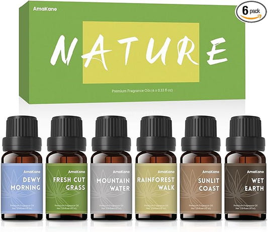 AmaKane Nature Fragrance Oil, Essential Oils for Diffuser, Soap Candle Making Scents, Fresh Cut Grass, Dewy Morning, Rainforest Walk, Sunlit Coast, Mountain Water, Wet Earth, 6x10 ml