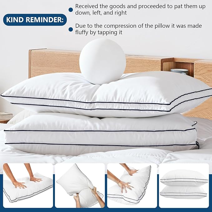 Hotel Luxury Down Alternative Pillows Standard Size Set of 2, Overfilled Gusseted Bed Pillows with Cooling Microfiber, Machine Washable & Breathable for Side, Back, Stomach Sleepers (White)
