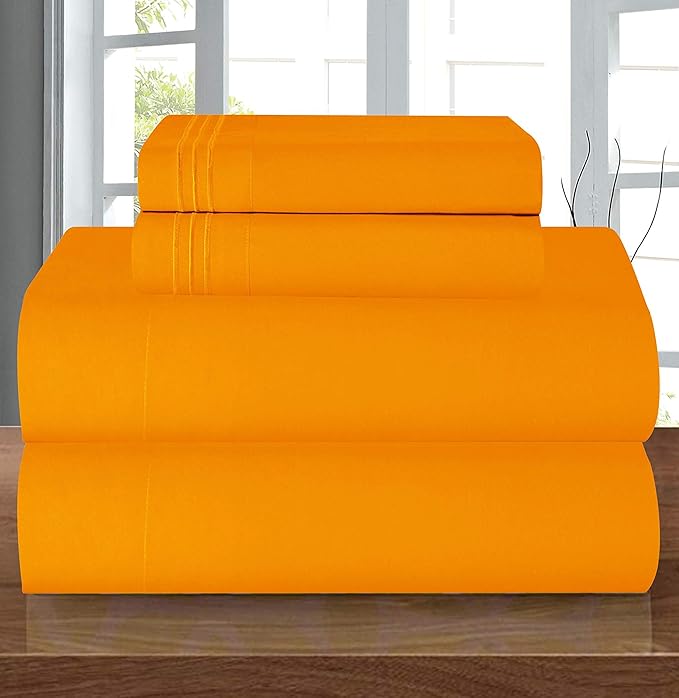 Elegant Comfort Luxury 1500 Premium Hotel Quality Microfiber 4-Piece Sheet Set - Wrinkle Resistant, All Around Elastic Fitted Sheet, Deep Pocket up to 16", Queen, Orange , Modern