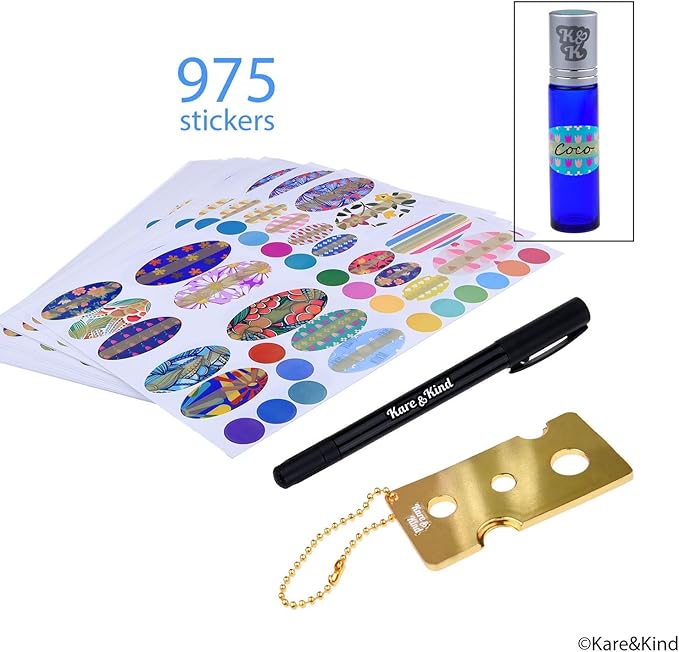 Kare & Kind Essential Oil Bottle Sticker Kit - Includes: 975x Essential Oil Bottle Labels (in 4 Different Sizes), 1x Metal Tool for Opening/Sealing Essential Oil Bottles and 1x Pen for Label Writing