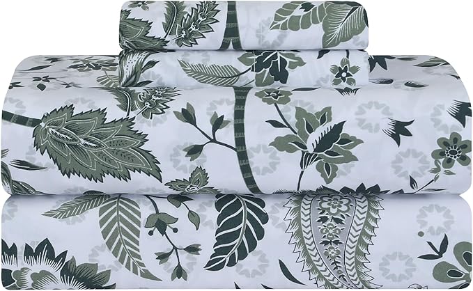 Feather & Stitch Softest 100% Cotton Sheets, 300 Thread Count Percale Weave Bedding, 16" Deep Pocket, Cooling Sheets, Breathable Bed Set, Hotel Premium Quality (Twin, Green Floral Paisley)