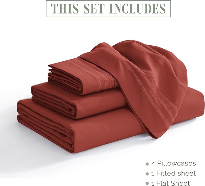 Elegant Comfort Luxurious 1500 Premium Hotel Quality Microfiber Three Line Embroidered Softest 4-Piece Bed Sheet Set, Wrinkle and Fade Resistant, Queen, Rust
