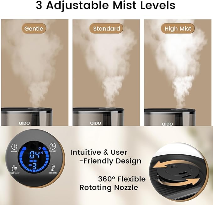 QIDO Top Fill Humidifiers for Bedroom, 5 L Cool Mist 36H Super Long Time, Quiet 28dB Essential Oil Diffuser for Baby & Plants, 3 adjustable Mist with Touch/APP/7-color Nightlight, Black