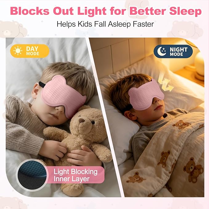 Kids Sleep Mask, 3D Sleep Mask for Kids with Adjustable Elastic Strap, Soft Comfortable Eye Mask for Children, Blackout Travel Kid Sleeping Mask for Ages 5-15 Boys Girls (Pink)