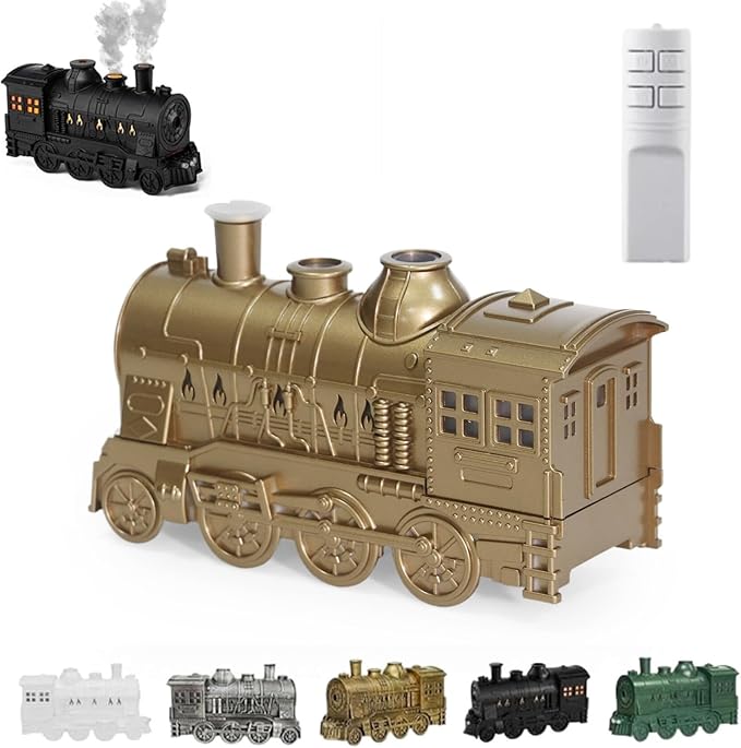 300ml Vintage Steam Train Aromatherapy Essential Oil Diffuser with Dual-Color LED Light, Train Oil Diffuser, 2 Mist Modes, Auto Shut-Off, Ultra-Quiet Humidifier for Home, Office (Gold,Colorful)