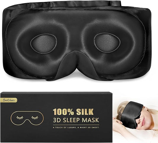 BeeVines Pure Silk 3D Sleep Mask for Women & Men, Luxury 100% 22 Momme Mulberry Silk 3D Contoured Eye Mask for Lash Extensions, Zero Eye Pressure & Blackout for Sleeping, with Adjustable Band (Black)