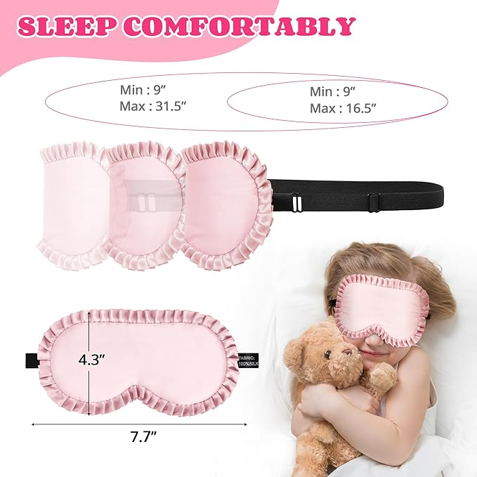 Kids Sleep Mask Eye Cover, 100% Real Mulberry Silk Sleep Mask with Adjustable Strap, Kids Blindfold for Sleeping, Boys Girls Eye Shade for Ages 5+, Soft and No Pressure (Pink)