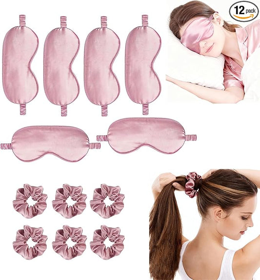 12Pcs Silk Sleep Masks Satin Eye Mask Silky Eyes Cover Blindfold Eyeshade Hair Ties Scrunchy Travel Bridesmaids Gifts