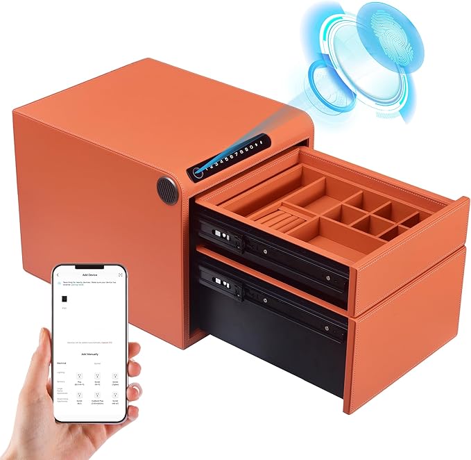 Jewelry Safe with Drawers，Biometric Fingerprint safe, Slide-Away Handgun Safe for Pistols, Leather Wrapped Jewelry Storage Safe, Digital Keypad & Quick-Access Drawer(Orange- 2 Drawer)
