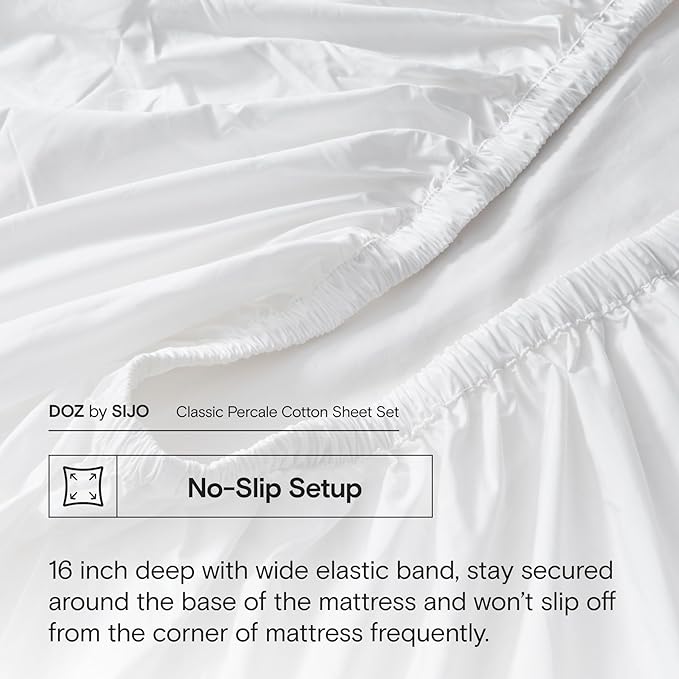 DOZ 100% Long Staple Cotton Sheet Sets, Classic Crisp Percale Weave, Breathable, Matte Finish, Hotel Style, Durable, 3pc – 2 Pillowcases 1 Fitted (Snow, Full)