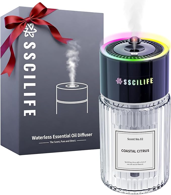 Smart Car Air Freshener with Auto Sensor, Car Aroma Diffuser with RGB Music Syncing Light & Starry Sky Projection, Up to 120 Day Use, 120ML Capacity, Scent: No.02-Coastal Citrus