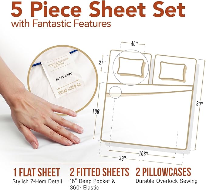 TEXAS LINEN CO. Egyptian Cotton Split King Sheet Set - Texan Talkin' Collection 600 Series 5 PC Sheets for Adjustable Bed (Blush), Extra Long Staple, Luxury Hotel Sheets, 16" Deep Pocket Bedsheet