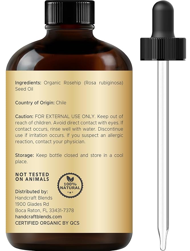 Handcraft Blends Cold-Pressed Organic Rosehip Oil | 4 Fl Oz | 100% Pure and Natural | Premium Grade Oil | Face, Skin and Hair | Protect | Nourish | Carrier Oil