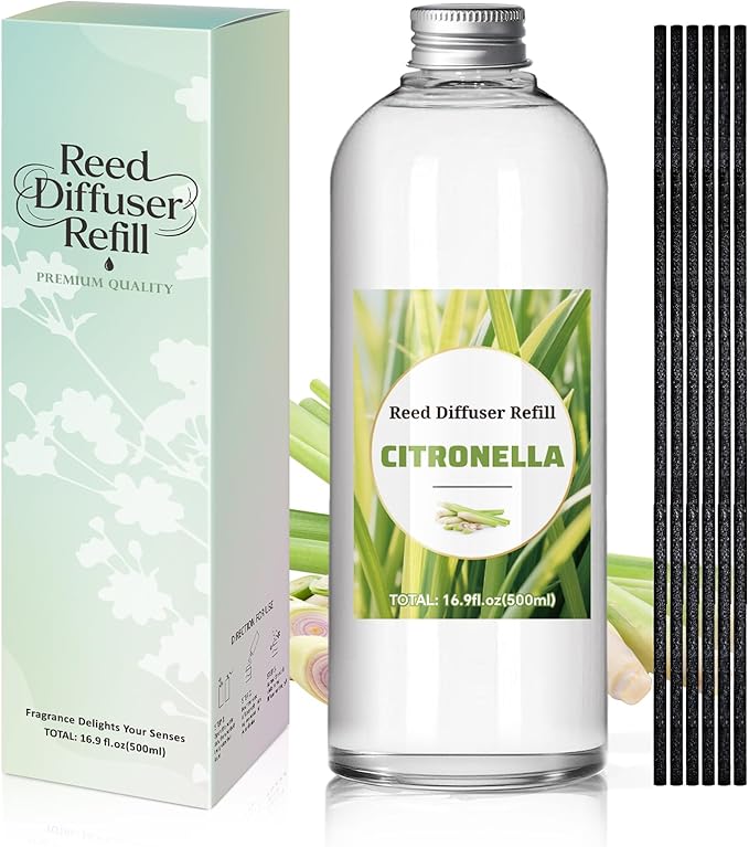 SCENTORINI Reed Diffuser Oil Refill, 16.9oz Natural Citronella Scented Essential Oil with 6 Sticks, Long Lasting Home Fragrance for Large Space, Bathroom, Spa Room, Hotel, Patio, Outdoor, Office