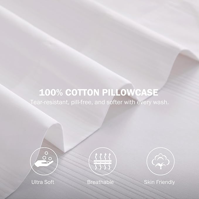 100% Cotton Pillow Cases Set of 2, Sateen Stripe Standard Size Pillowcase, Soft Breathable Pillow Covers, Hotel Quality Bedding, 20" x 30", White
