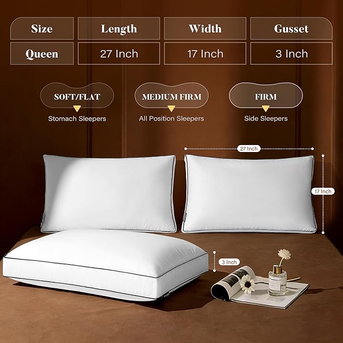 Firm Goose Feather Down Pillow Queen Size Set of 2, Down Surrounded Hotel Collection Bed Pillows for Sleeping with Gusset, 2 Pack, Fluffy Plush for Side Sleepers 20x30 in.