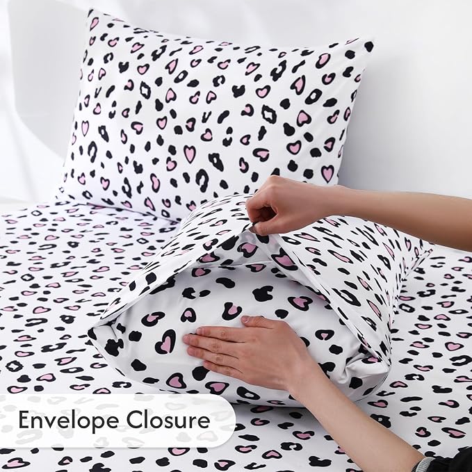 King Size Sheets Set, Leopard 4-Piece Brushed Microfiber Sheets, Cooling Bed Sheet Set, Soft & Breathable, 16' Deep Pocket Fitted Sheet & Pillowcase Set, Pink Hearts Leopard