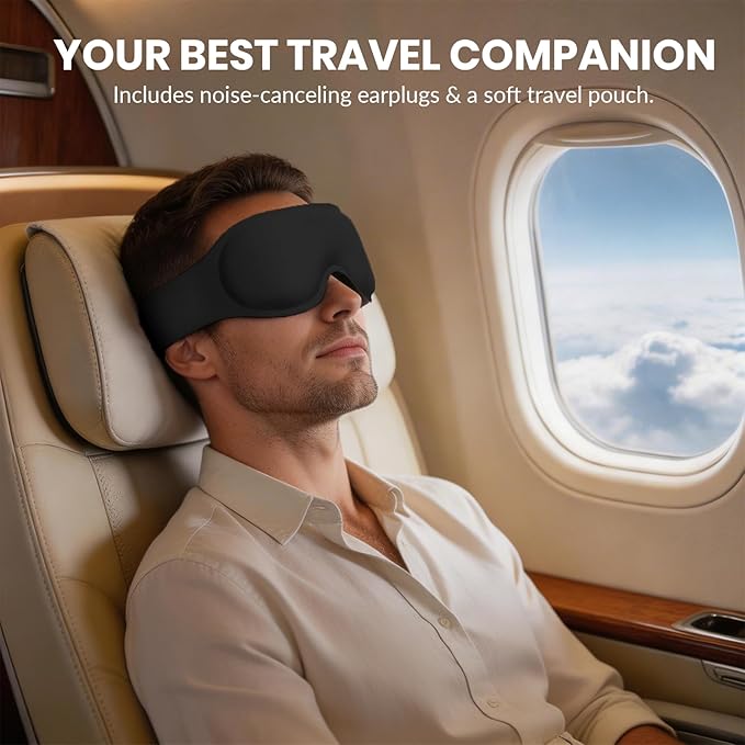 100% Blackout Sleep Mask for Men, 3D Contoured Eye Mask for Deep Sleep, No Eye & Lash Pressure, Soft Adjustable Sleeping Mask for Daytime Sleep, Business & Long Flight Travel Essential, Black