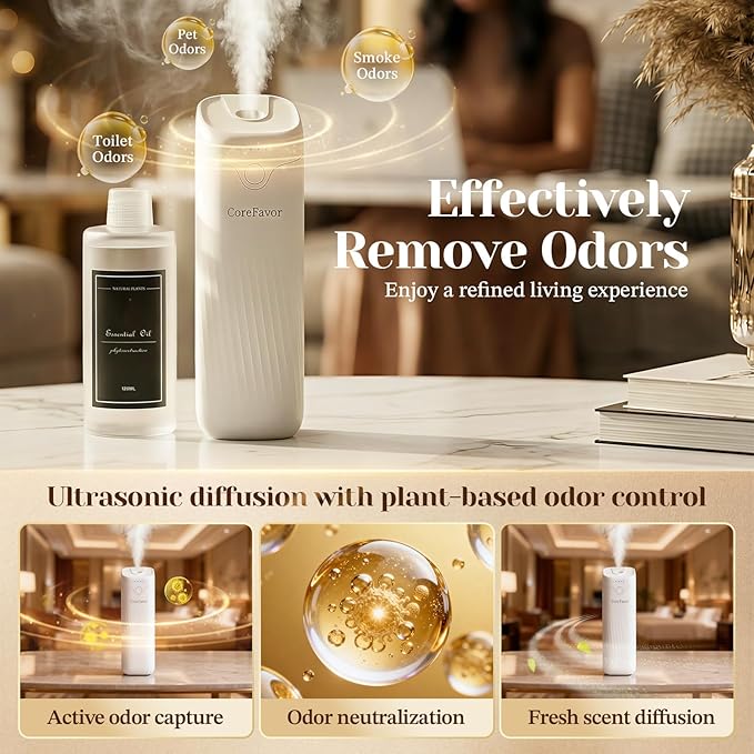 Waterless Essential Oil Diffuser with 3x120ml Oil, Portable Battery-Operated Cold Air Aroma Scent Machine, 4 Adjustable Intensity Levels, Quiet Diffuser for Bedroom Office Bathroom Car