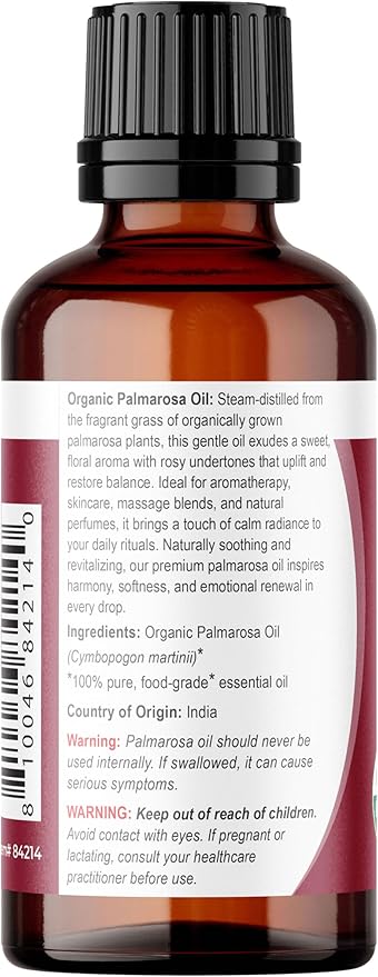 Viva Doria Palmarosa Essential Oil, USDA Certified Organic Palmarosa Oil, 100% Pure, Natural Essential Oil, Undiluted, for Aromatherapy | Food Grade, 30 mL (1 Fluid Ounce)