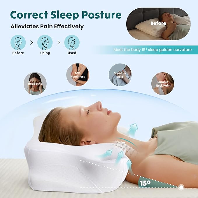 DUMOS Cervical Neck Pillow for Neck Pain Relief, Cooling Memory Foam Pillows for Sleep Apnea, Soft Side Sleeper Pillow Orthopedic Support Ergonomic Pillow for Stomach Back Stomach Sleepers, White