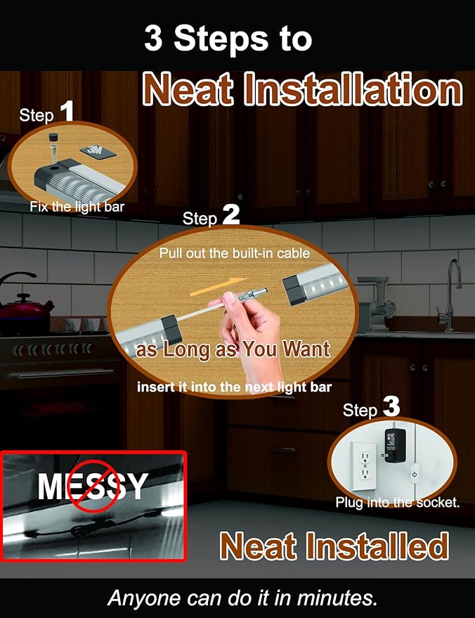 LED Under Cabinet Lighting Touch Under Counter Lights for Kitchen Built-in Adjustable Cable No Messy Wires! 6 Pcs Cabinet Light 6500K 2700Lm 5 External-Cable for Garage Pantry Closet Timer Smart Plug