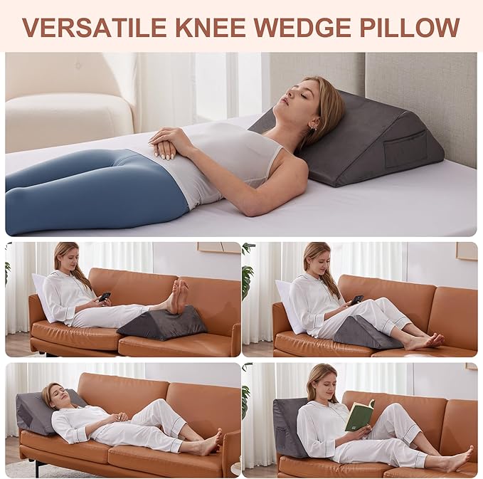 Knee Wedge Pillow, Memory Foam Leg Pillow Bed Wedge for Sleeping, Post Surgery Triangle Pillow for Knee Support, Leg Elevation, Knees Hip Back Pain Relief (23.6" x 23" x 7.9", Large Size, Short Plush)