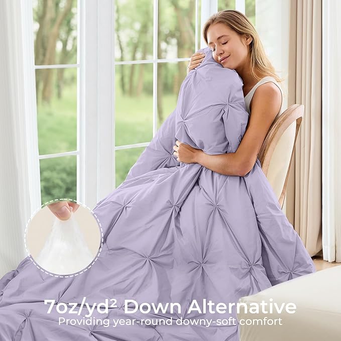 Sasttie Twin XL Comforter Set, 5-Piece Bed in a Bag, Pintuck Bedding Sets for All Season, Includes Comforter, Flat Sheet, Fitted Sheet, Pillowcase and Pillowsham, Lavender