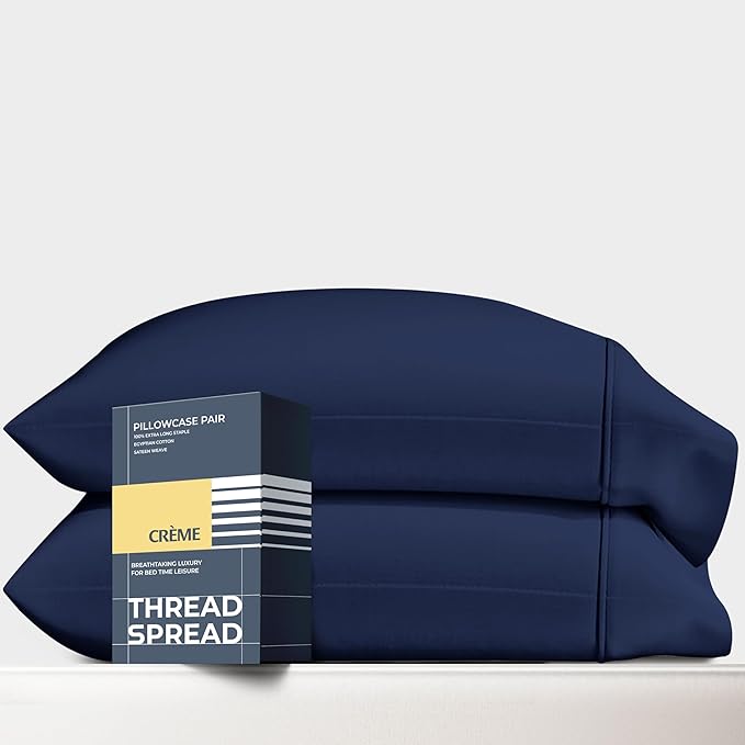 THREAD SPREAD 100% Egyptian Cotton Pillow Cases Queen Size Set of 2 - Luxury 1500 Series Queen Pillow Cases (Navy Blue), Soft Cooling Envelope Closure Hotel Quality Egyptian Cotton Pillowcases