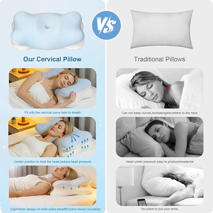 Extended Cervical Neck Pillow for Pain Relief, Ergonomic Contour Side Sleeper Pillow for Sleeping, Orthopedic Memory Pillow for Neck Support, Cooling Adjustable Pillow for Back and Stomach Sleeper
