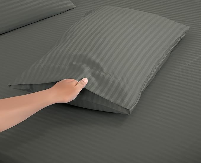 ROYALE LINENS 4 Piece Full Sheets Set - Soft Brushed 1800 Microfiber Bedding - 1 Fitted, 1 Flat Sheet, 2 Pillow Cases - Wrinkle Free & Fade Resistant - Hotel Luxury Bed Sheets (Stripe Grey, Full)