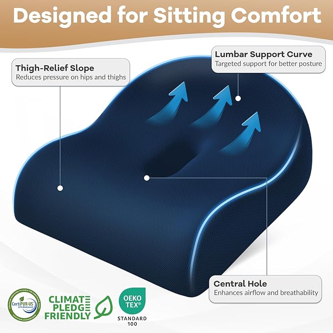 Seat Cushion for Pressure Relief - Ergonomic Home & Office Chair Cushions for Tailbone, Hip, Sciatica Support, Memory Foam Chair Pad for Long Sitting, Driving (Blue)