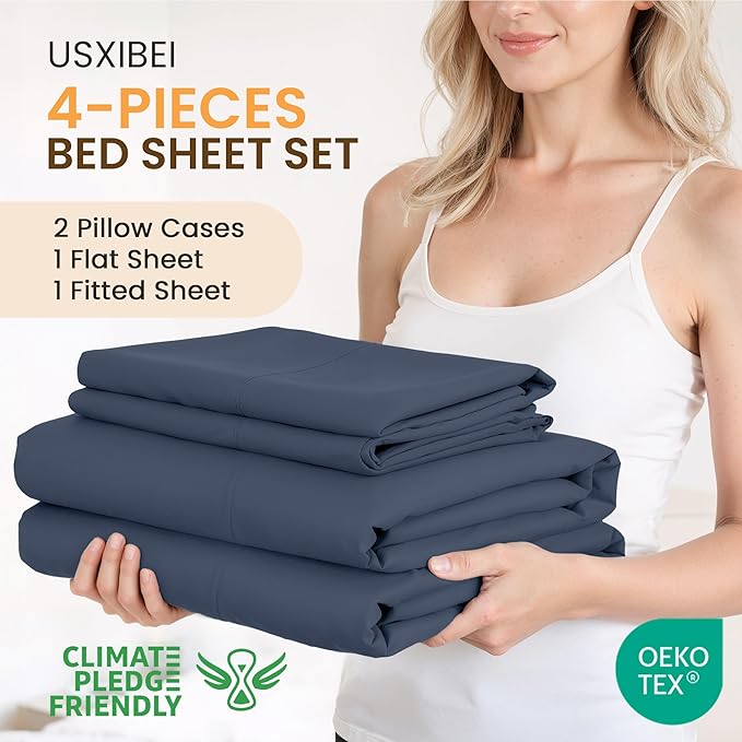 Cal King Size 4 Piece Sheet Set - Comfy Breathable & Cooling Bed Sheets Set, Soft and Wrinkle Free, Deep Pockets, Easy & Secure Fit, Hotel Luxury Bedding for Women, Men - Oeko-Tex - Navy Blue