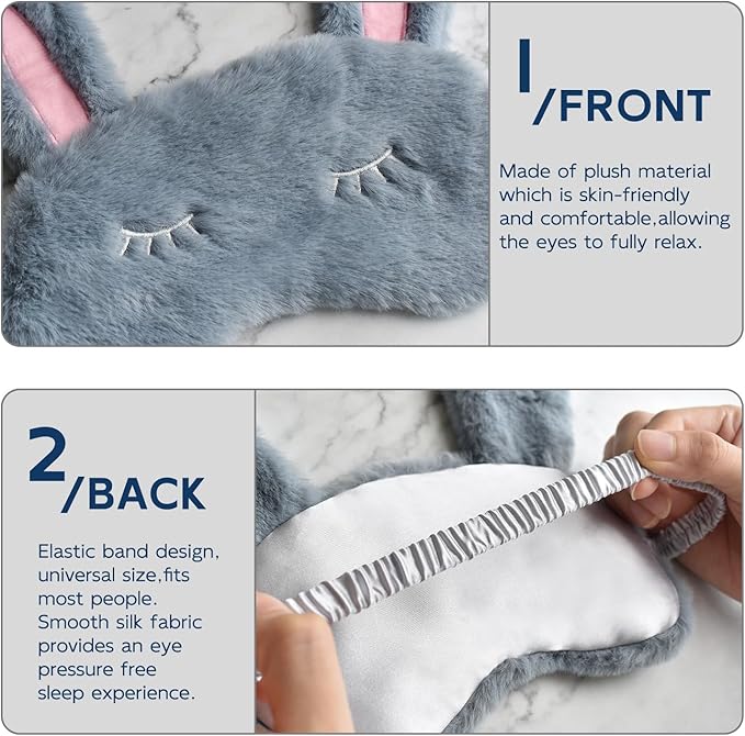 Cute Animal Sleeping Mask Sleep Mask, Soft Plush Rabbit Eye Mask for Travel Nap Sleeping Blindfold Eye Cover Eyeshade for Adult Kids Girls Teens Men Women - Rabbit, Gray