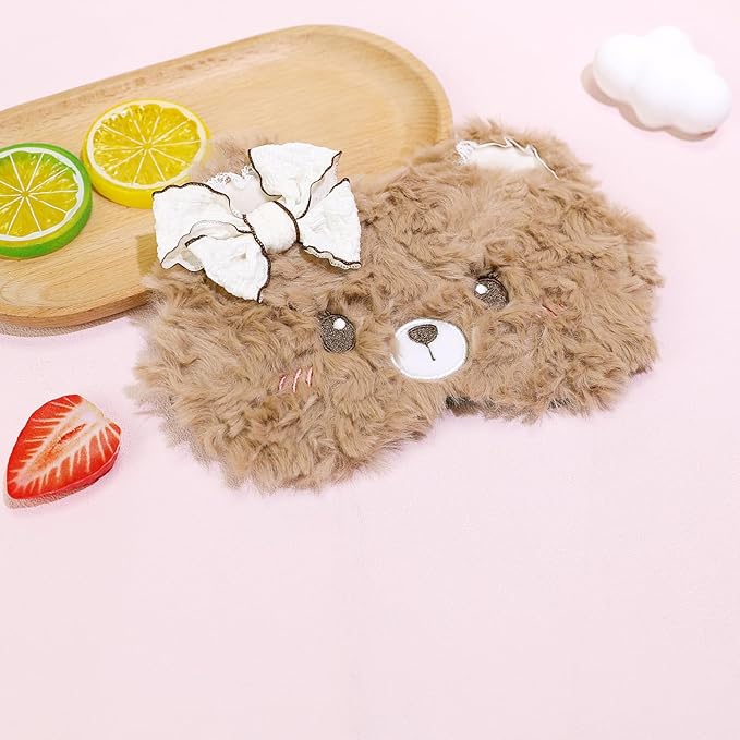 PERFECTSIGHT Sleep Eye Masks, Cute Plush Sleep Eye Cover Lightweight Adjustable Eyeshade Faux Fur Mask Cover for Women Men Sleep Travel Nap, Coffee Lace Bear