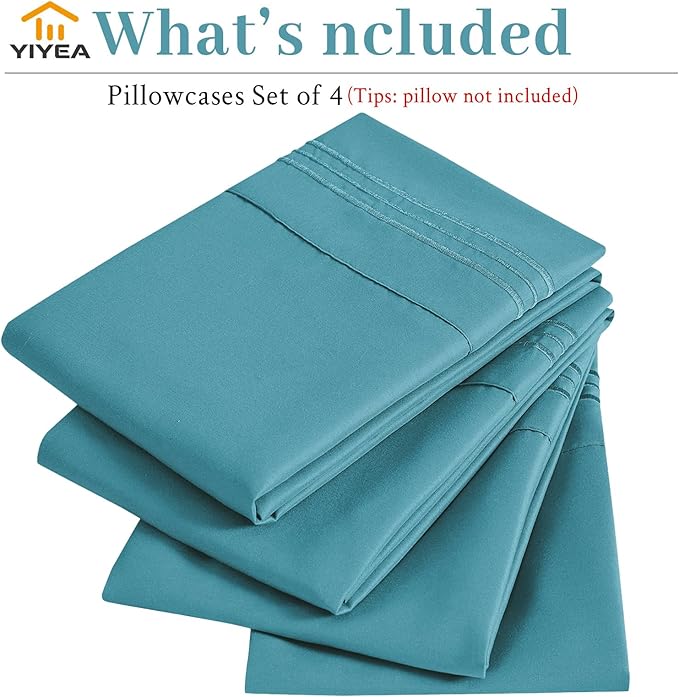 YIYEA Pillow Cases Queen Size Set of 4, Ultra Soft 1800TC Hotel Quality Double Brushed Microfiber Embroidered Pillowcases, Envelope Closure, Fade Resistant (20"x30", Teal)