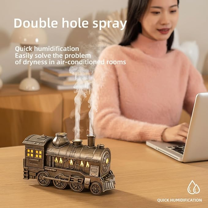 Retro Train Essential Oil Diffuser Humidifier 300ML - Steam Engine Cool Mist Humidifier with Dual Mist Modes & Auto Shut-Off, Quiet Aromatherapy Diffuser with Night Light for Home Office Decor