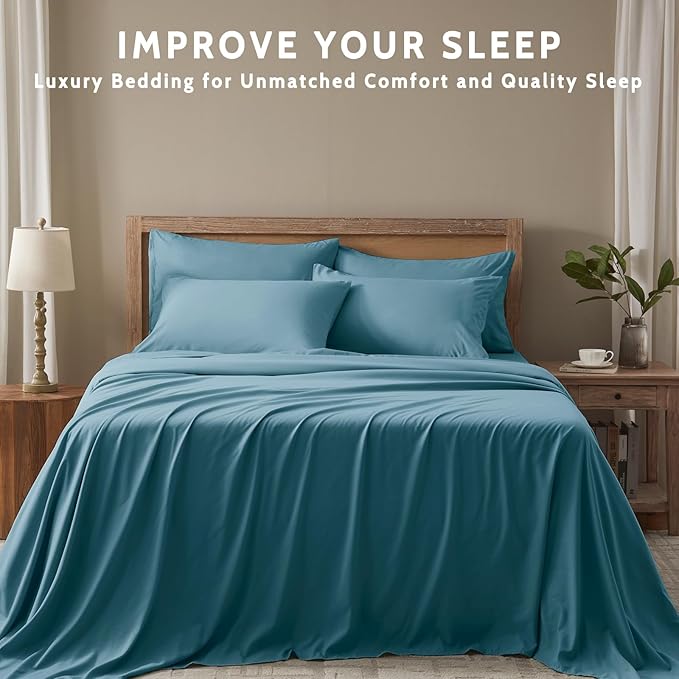 Twin Sheets Set - 4 Piece Soft Microfiber and Wrinkle Free Sheets - Easy Care, Extra Soft, Cooling Sheets - 1 Deep Pocket Fitted Sheet 1 Flat Sheet and 2 Pillowcases (Twin Denim Blue)