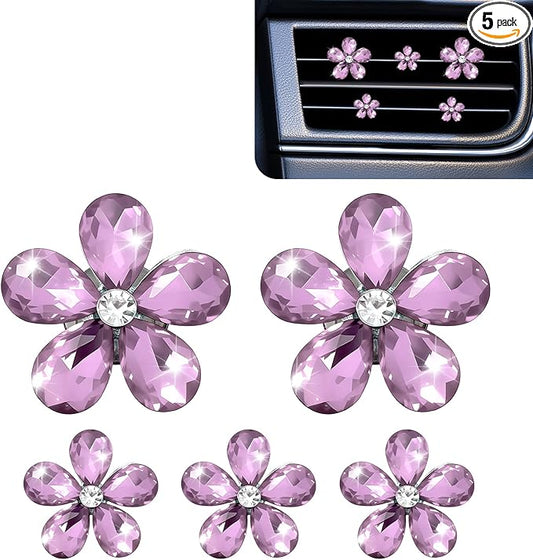 5PCS Bling Daisy Flower Car Air Vent Clips, Car Diffuser Vent Clip, Sparkling Crystal Rhinestone Cute Auto Air Conditioning Clamp, Diamond Air Outlet Clip Decor for Women Girls (Purple)