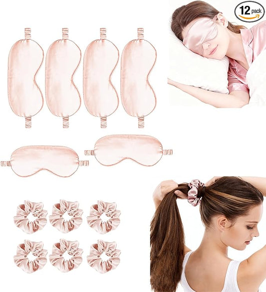 12Pcs Silk Sleep Masks Satin Eye Mask Silky Eyes Cover Blindfold Eyeshade Hair Ties Scrunchy Travel Bridesmaids Gifts