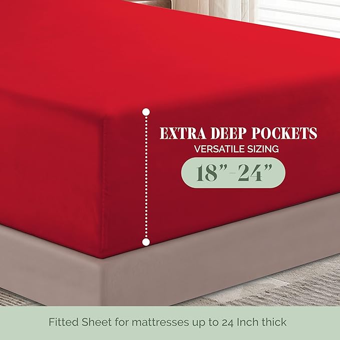 Elegant Comfort Luxurious 1500 Premium Hotel Quality Microfiber 4-Piece Sheet Set, 18-24 Inches Deep - Extra Deep Pocket Sheets - Ultra Soft 4PC Deep Pocket Sheets, Full, Red