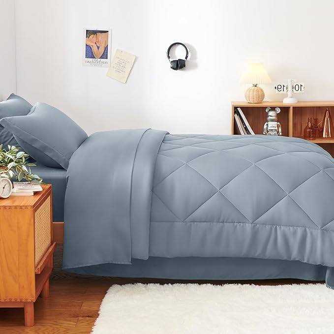 CozyLux Twin XL Comforter Set Dusty Blue - 5 Pieces Twin Extra Long Bed in a Bag for College Dorm, All Season Bedding Set for Girls and Boys, Soft Bed Set with Comforter, Sheets, Pillowcase & Sham
