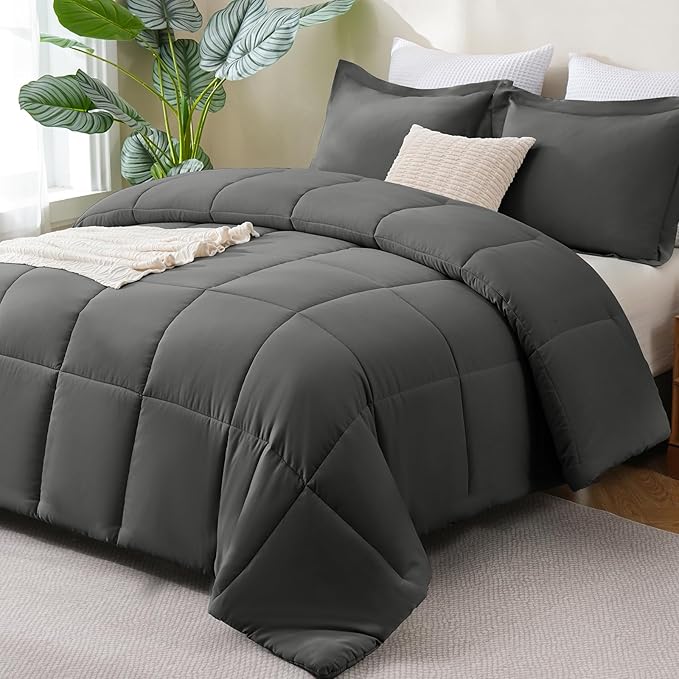 CozyLux Oversized King Comforter Set, 3 Pieces Dark Grey 120x98 Box Stitched Design Soft Bedding Set, All Season Lightweight Breathable Bed Set with 1 Down Alternative Comforter and 2 Pillow Shams