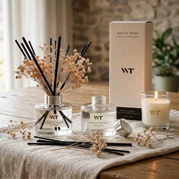 WEALD TRIBE Flower Reed Diffuser Set Fresh Linen Scent for Bathroom Accessories Shelf Decor & Air Fresheners, Fresh Air Sticks Defusers with 5.1 fl oz Essential Oils, House Office Decor & Gifts