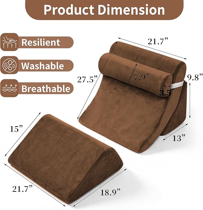 4PCS Orthopedic Bed Wedge Pillow Set for Post Surgery&Pain Relief,Adjustable Wedge Pillow for Back,Acid Reflux,Sitting up in Bed,Recovery,Snoring,Body Pillow for Sleeping (Brown)