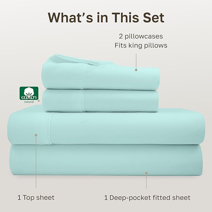 California Design Den Soft 100% Cotton Bed Sheets King Size Set, 400 Thread Count Good Housekeeping Award Winner, Smooth Sateen Finish with Deep Pockets, Cozy and Durable King Bedding Set - Seafoam