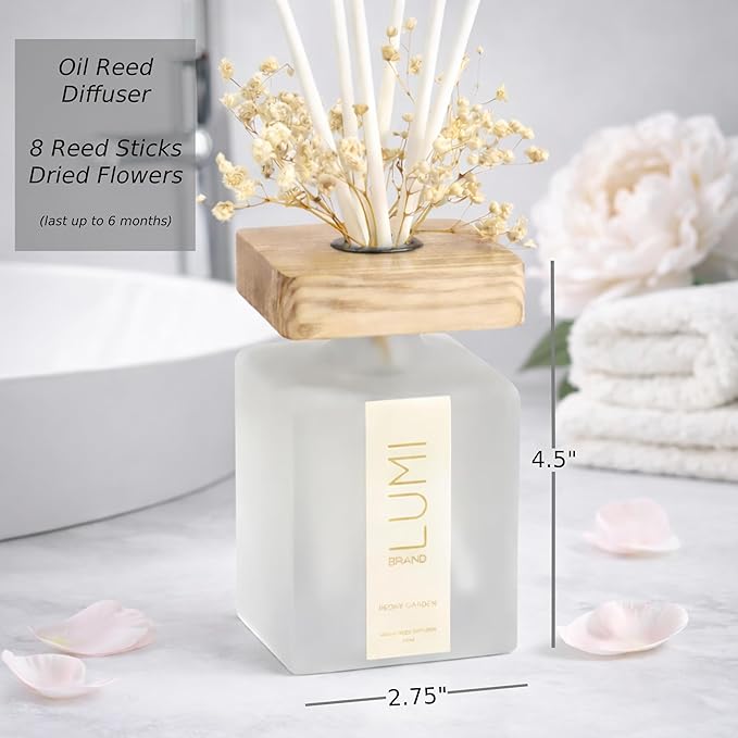 Luxury Aroma Gift Set | Peony Garden - Reed Diffuser (200ml), Wood Wick Soy Candle (200g), Room Spray (50ml) | Includes Dried Flowers & 8 Reeds | Luxurious Home Fragrance for Home Décor & Gifts